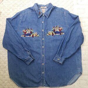 Just My Size Denim Top Womens Size 18W 20W Fall Embroidered Blue Cotton Shirt